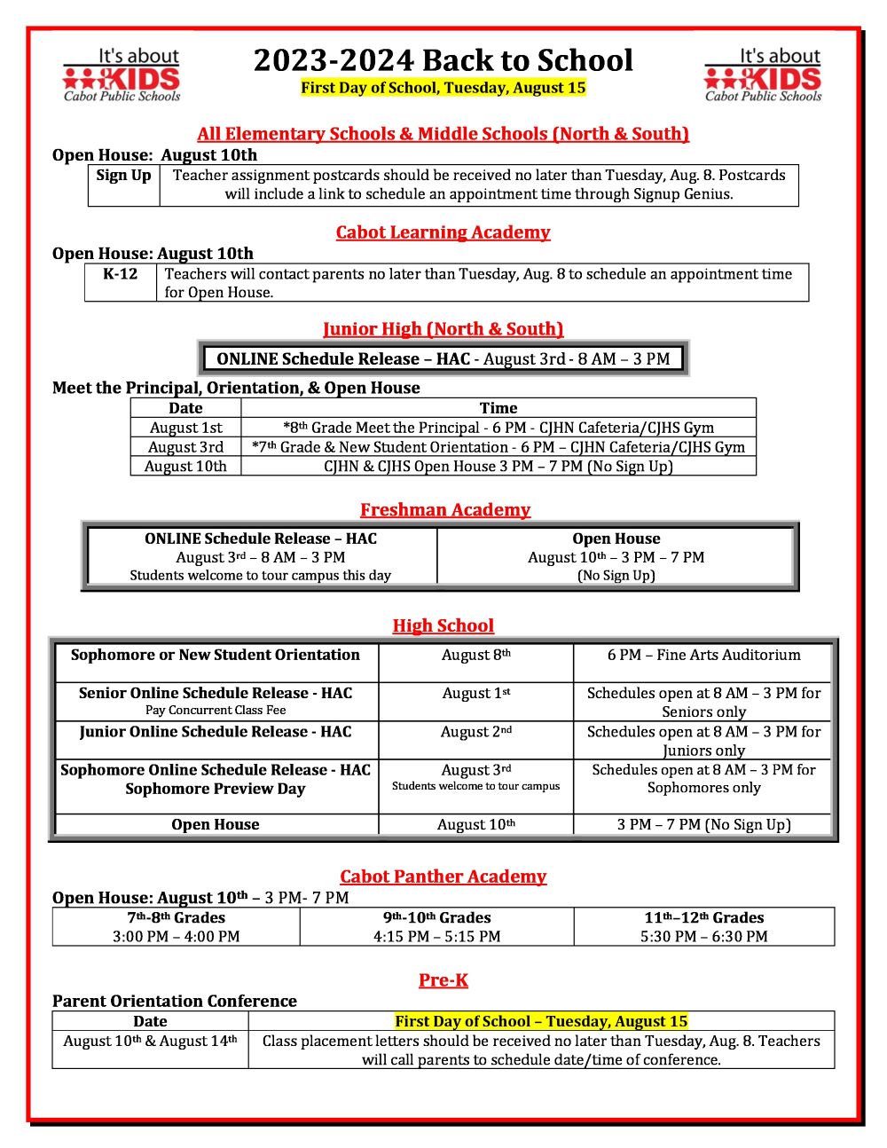 Back to School Schedule